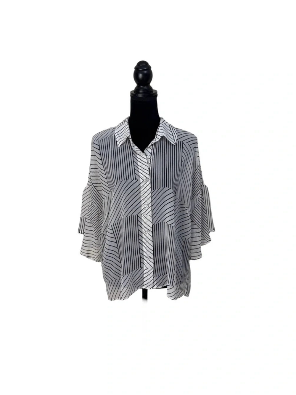 CABi contemporary white black striped button down blouse bell sleeve size large - Picture 2 of 13